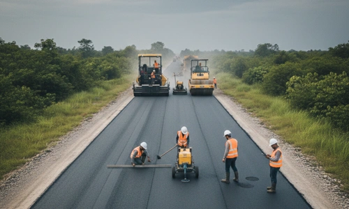 Pengecekan hasil akhir pengaspalan untuk memastikan kualitas dan kerataan