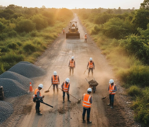 Pembersihan dan persiapan area jalan sebelum pengaspalan hotmix