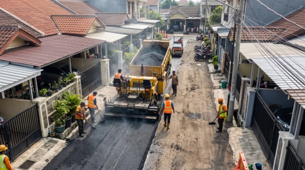 Penghamparan AC-WC dengan asphalt finisher pada jalan komplek